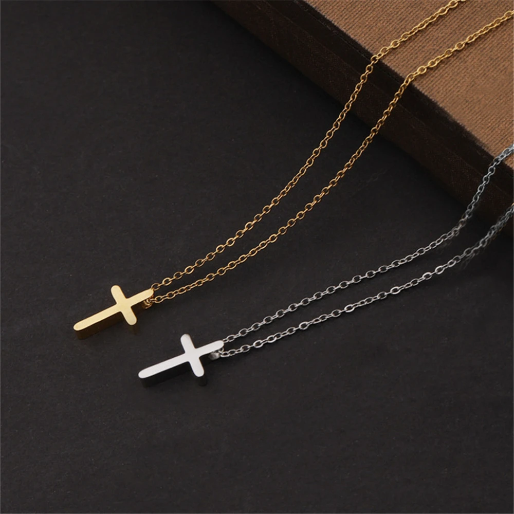 Religious Fashion Female Cross Necklace For Women Gold Silver Color Stainless Steel Small Cross Pendant Jewelry Gift