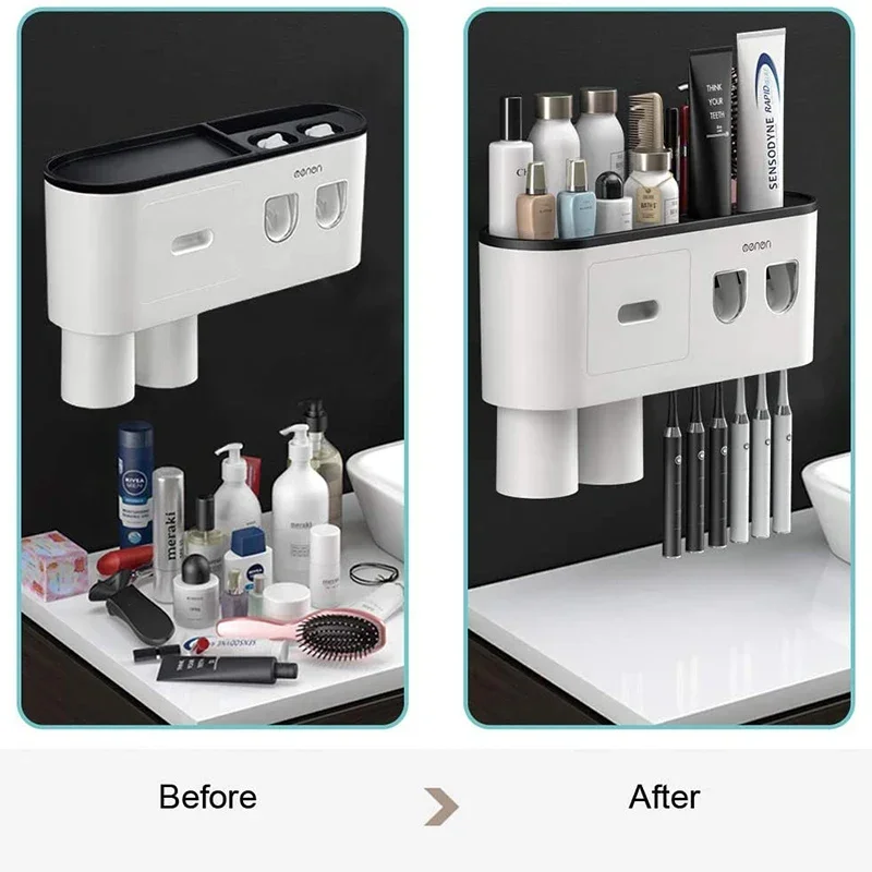 WIKHOSTEAR Wall mounted Toothbrush Holder Magnetic Adsorption Inverted Toothpaste Squeezer Double Automatic Toothpaste Dispenser