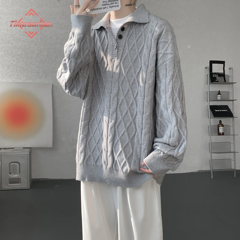 

Fashion Turn-down Collar Loose Sweaters Man Autumn Winter Solid Color Men's Clothing Basic Casual Long Sleeve Knitted Pullovers