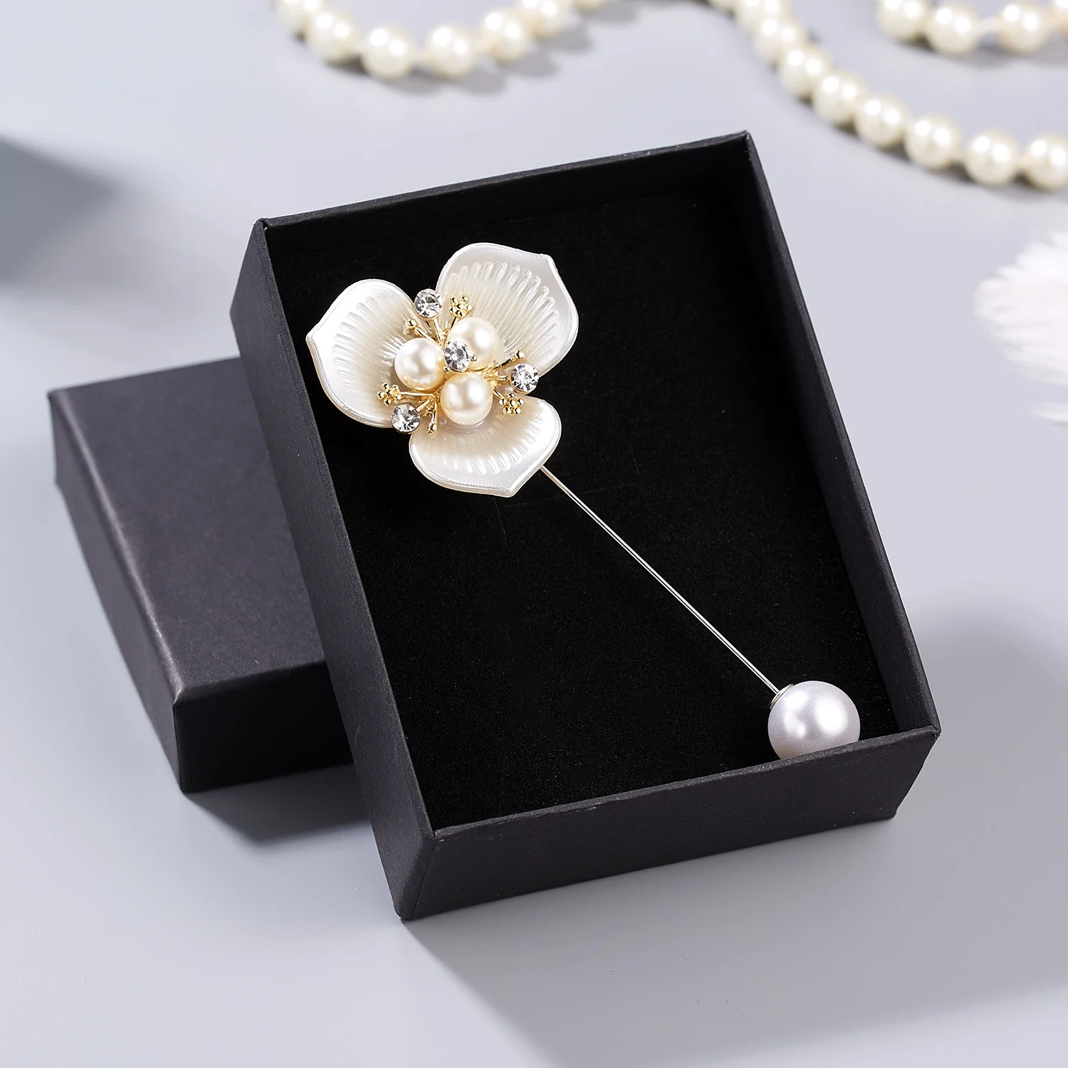 Rinhoo Imitation Perle Shell Kamelie Blume Brosche Für Frauen Weiß Blumen Blütenblatt Bouquet Lange Nadel Hemd Kragen Revers Pin Geschenk – Detail 32