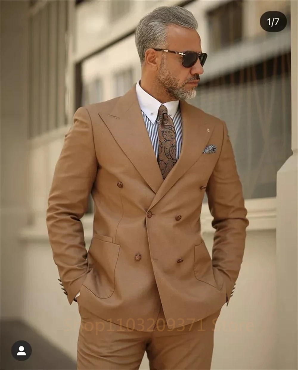 Khaki Suit for Mens Double Breasted Blazer Wedding Groom Tuxedo 2 Piece (Jacket+Pants) Groomsman Formal Dress