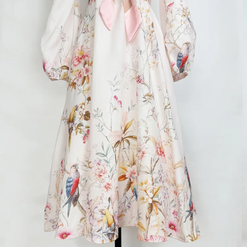 Ele Flird imprimé Midi Dr col montant lanterne Sve rose printemps été nouveauté australien Sle femmes Dr