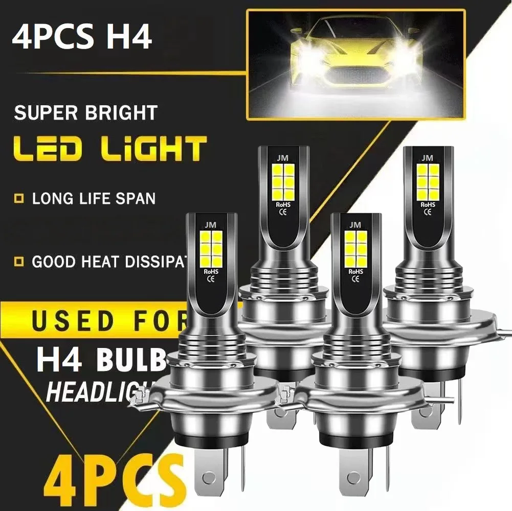 

4PCS H4/9003 white LED bulbs, 360° omnidirectional illumination, 6000K high brightness, suitable for vehicle exterior lightin