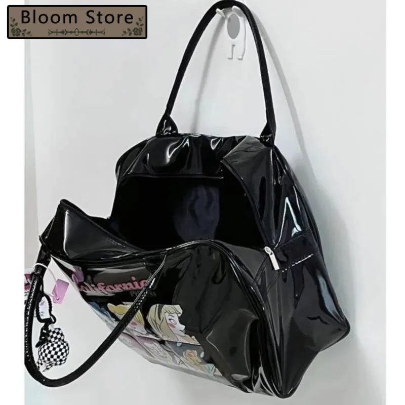 

Bloom Large Capacity Black Tote Bag Female Vintage Cartoon Print Pu Leather Shoulder Bags Ladies Retro Y2k Handbag Aesthetic