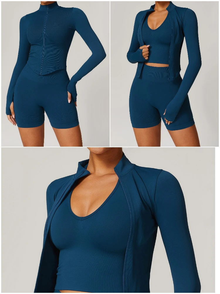 VITALINOVO Damen Cropped Running Workout Jacken mit Reißverschluss, schmal geschnittene Sportjacken mit Daumenlöchern, nahtlose, dehnbare Trainingsjacken – Detail 10