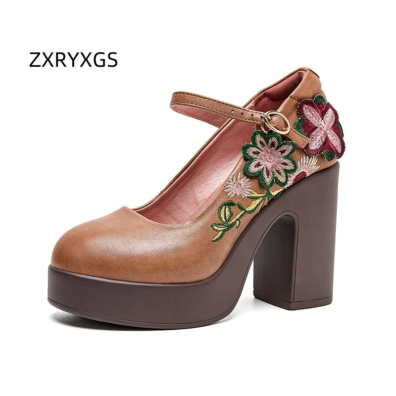 

ZXRYXGS туфли из воловьей кожи с цветочной вышивкой, модные туфли-лодочки, 2025 г., элегантные модные свадебные туфли для банкета, женские туфли на высоком каблуке