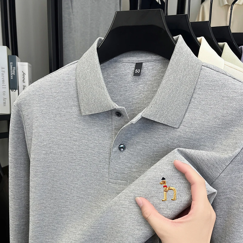 Original Marke Herren Poloshirt 100 Baumwolle Revers Hund Sticken Langarm T-Shirt Herbst Neue Business Casual Hübsche Herrenbekleidung – Detail 4