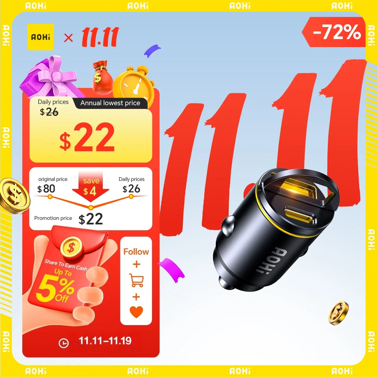 

AOHI SUPERAUTO PD 45W Fast Car Charger (USB-C & USB-A)