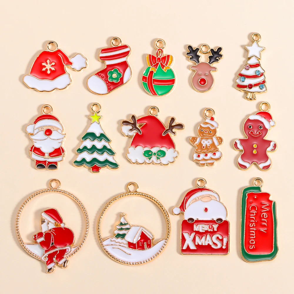 10Pcs Santa Claus Gingerbread Man Christma Tree Enamel Charm for Christmas Earrings Necklace Pendant Jewelry Making Metal Crafts