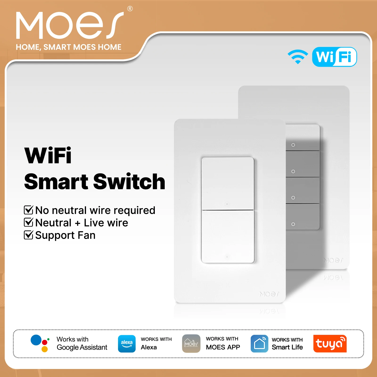 

MOES Tuya Wi-Fi US Smart Button Wall Switch Single Pole Neutral Wire Required or Optional Works with Alexa Google Home