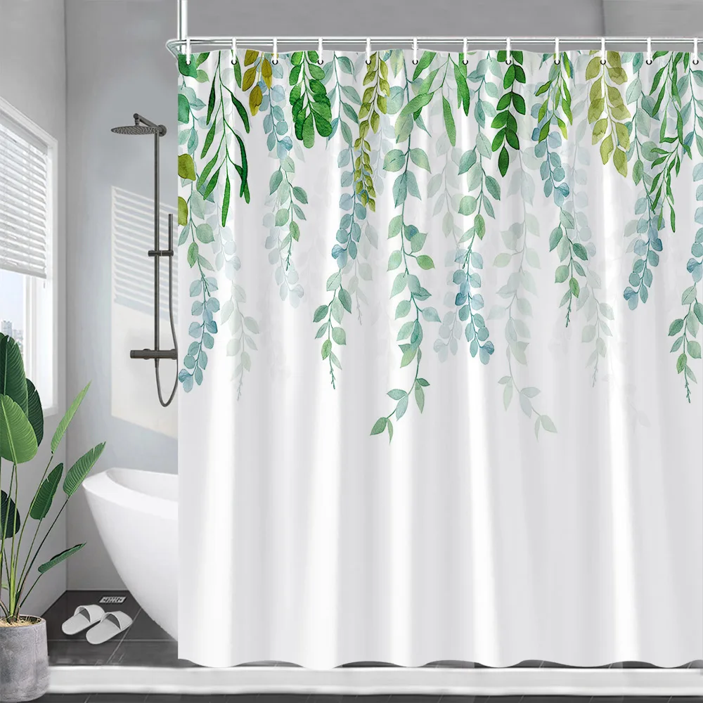 Blue Eucalyptus Leaves Shower Curtains Watercolor Flowers Plant Leaf Bath Curtain Set Polyester Fabric Bathroom Decor with Hooks