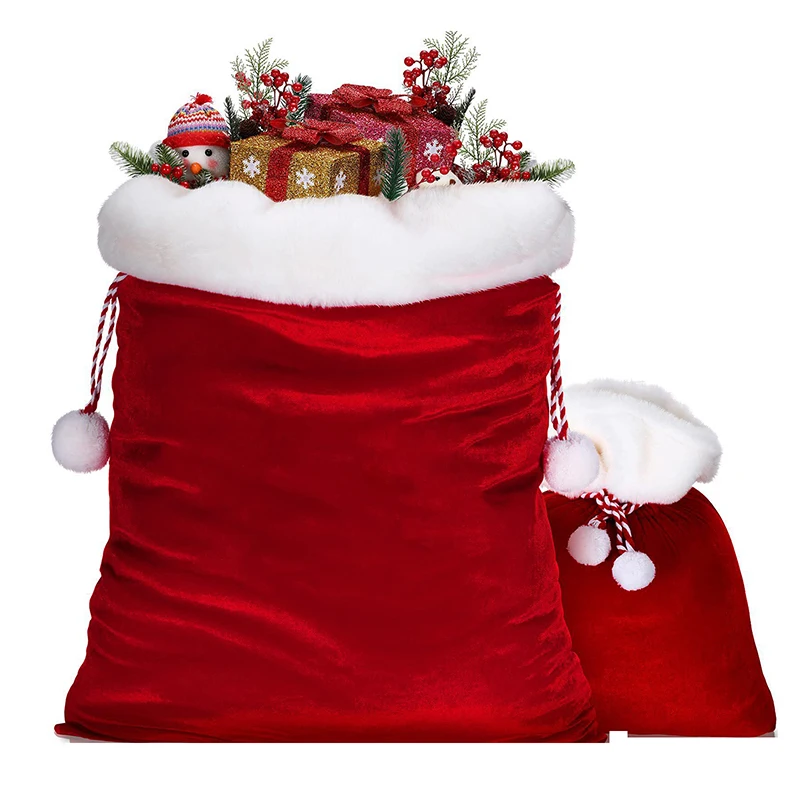 Coulisse con cordoncino per sacco di Babbo Natale in peluche con pompon per bambini Borsa regalo di Natale di lusso Buon Natale