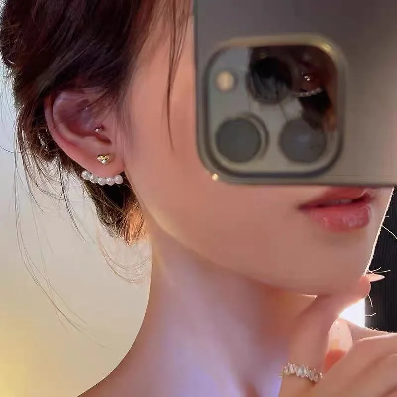 2022 New Elegant Metal Heart-Shaped Back Hanging Pearl Earrings Korean Fashion Jewelry For Woman Girls Accessories Wholesale image 6