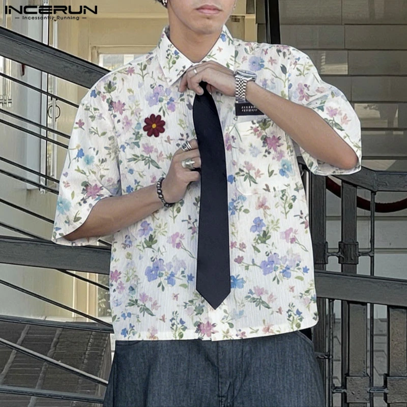 

INCERUN Мужская рубашка с цветочным принтом и галстуком в стиле пэчворк с лацканами и половиной рукава, мужские топы, уличная одежда, свободная корейская модная повседневная мужская одежда