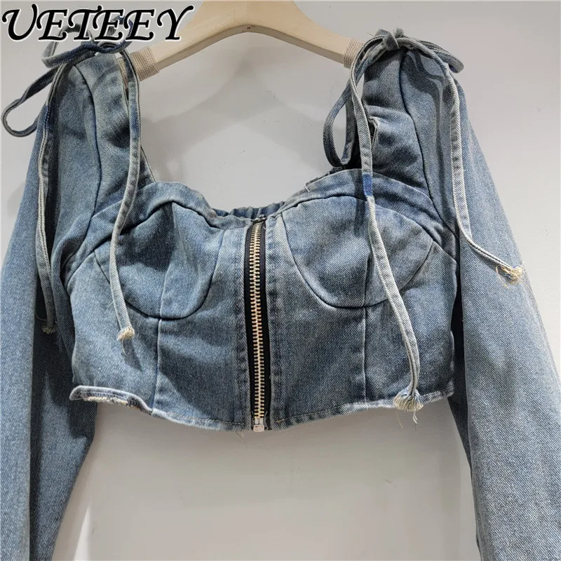 Nowa kolekcja wiosna-lato 2026: Niszowe, designerskie, dżinsowe bluzki z odkrytymi ramionami, krótkie topy, seksowne, sznurowane, dopasowane kurtki eksponujące pępek.