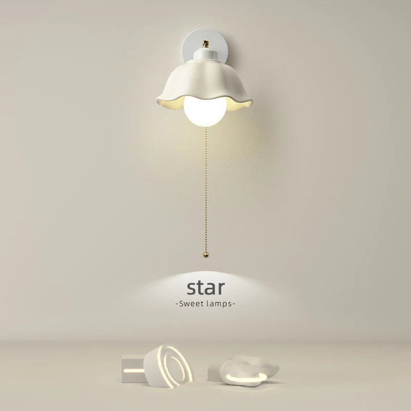 

Simple modern wall lamp with pull cord switch, bedside bedroom lamp, Nordic warm cream, silent wind, homestay wall lamp