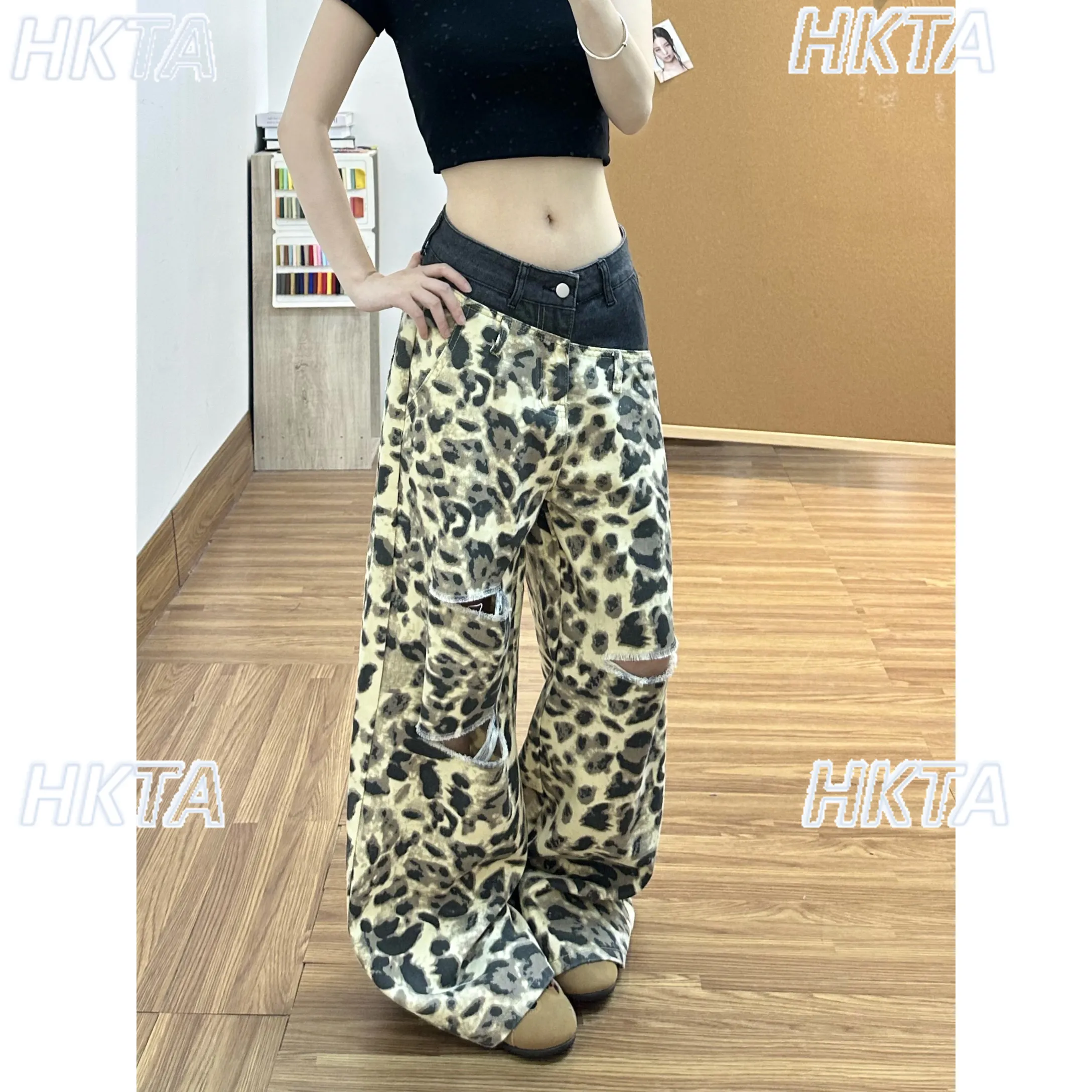 

American Retro Old Leopard Print Ripped Low Waist Jeans Women 2026 Spring Summer New Loose Double Waist Hot Girl Wide Leg Pants