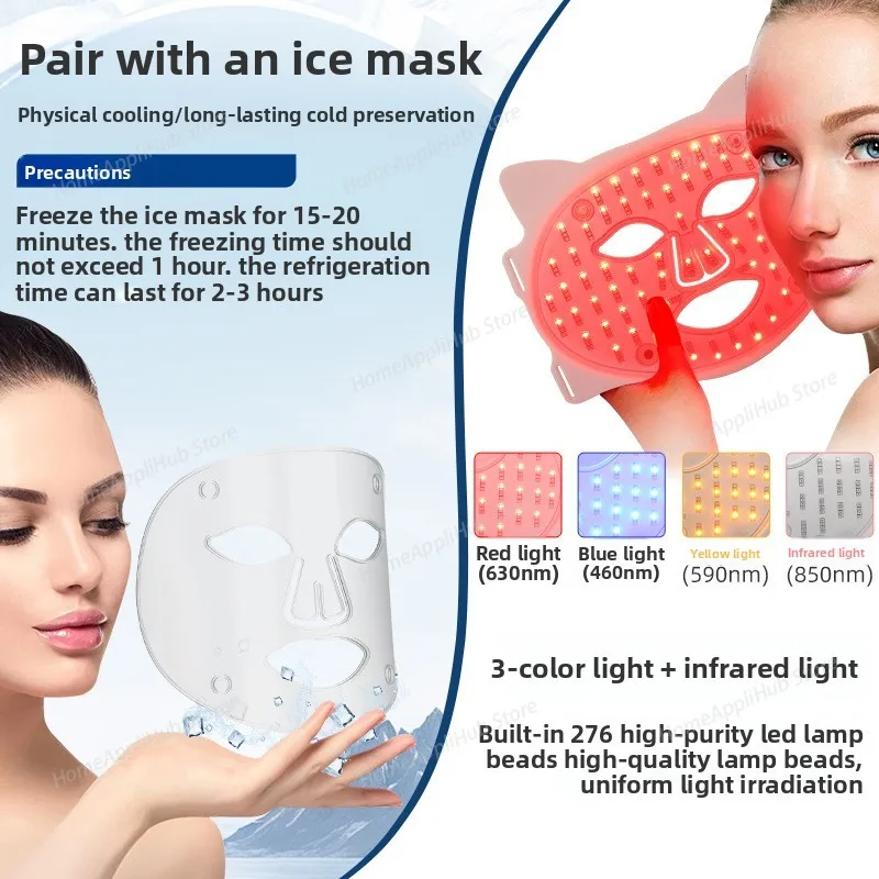 Silicone Ice Compress Beauty Mask - Red Light Skin Rejuvenation Device, LED Color Light Large Panel Spectrometer Facial Devic