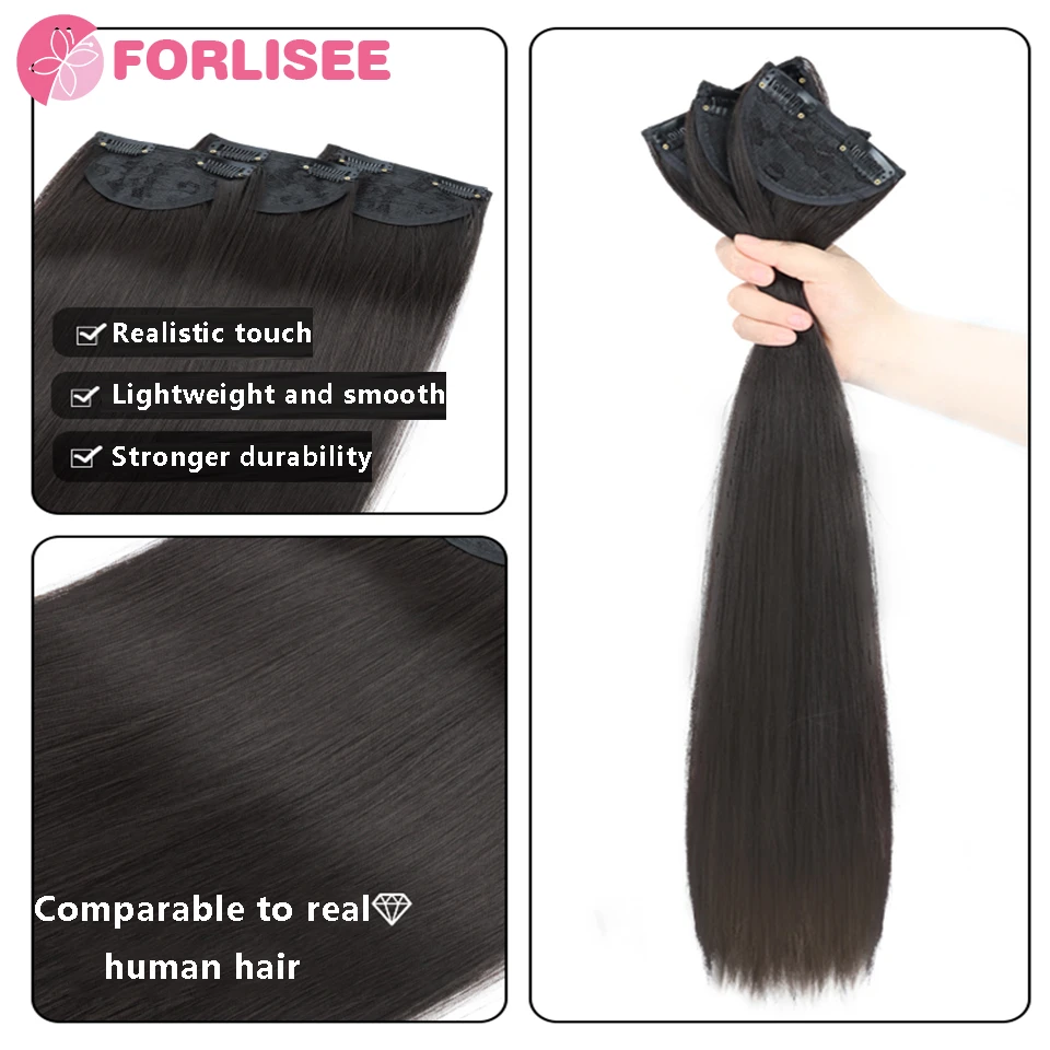 Extensão de cabelo sintético para mulheres, cabelos lisos longos, peruca fofa, invisível e sem raços, 3 peças, 23 polegadas