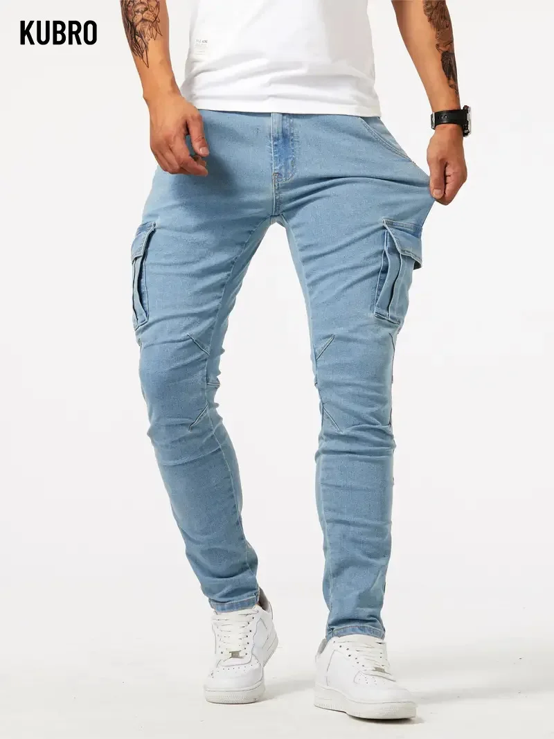 Street Elastic Jeans Men Denim Cargo Pants Wash Solid Color Multi Pockets Casual Mid Waist Trousers Slim Fit Daily Wear Joggers