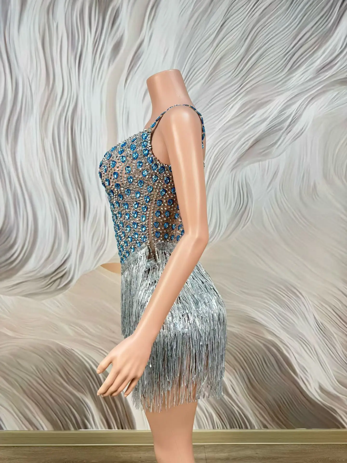 

Humian Fashion Women Camisole Dress Sparkling Blue Diamond Tassel Skirt Bar Stage Performance Outfit Birthday Cocktail Prom Gown