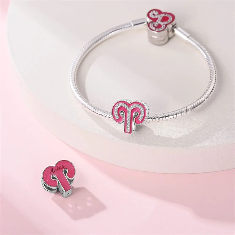 Hot Sale 100% 925 Sterling Silver 12 Pink Constellation Charms Beads Fit Pandach 925 Original Bracelet Fine DIY Birthday Jewelry