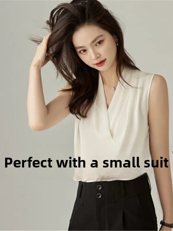 

White Satin Ladies Shirt Sleeveless Short Sleeve Fashionable Summer 2026 New Style V-neck Commute Style Korean Version Straig...
