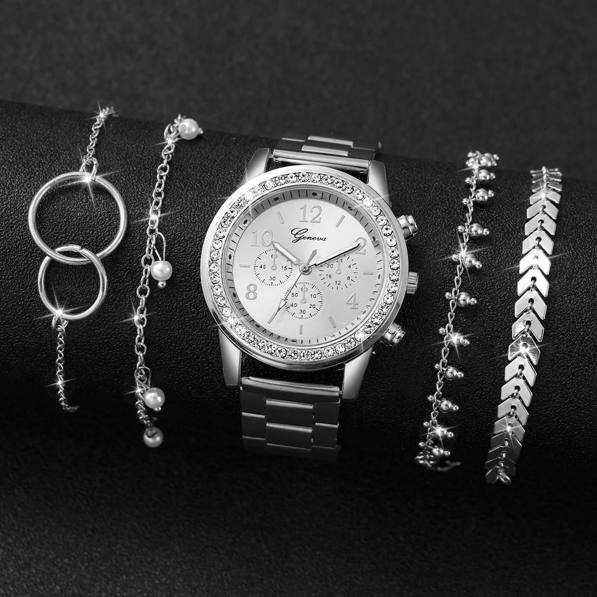 5PCS/Set Fashion Rhinestone Women\'s Watch Silver Alloy Band Analog Quartz Watches Bracelets Set