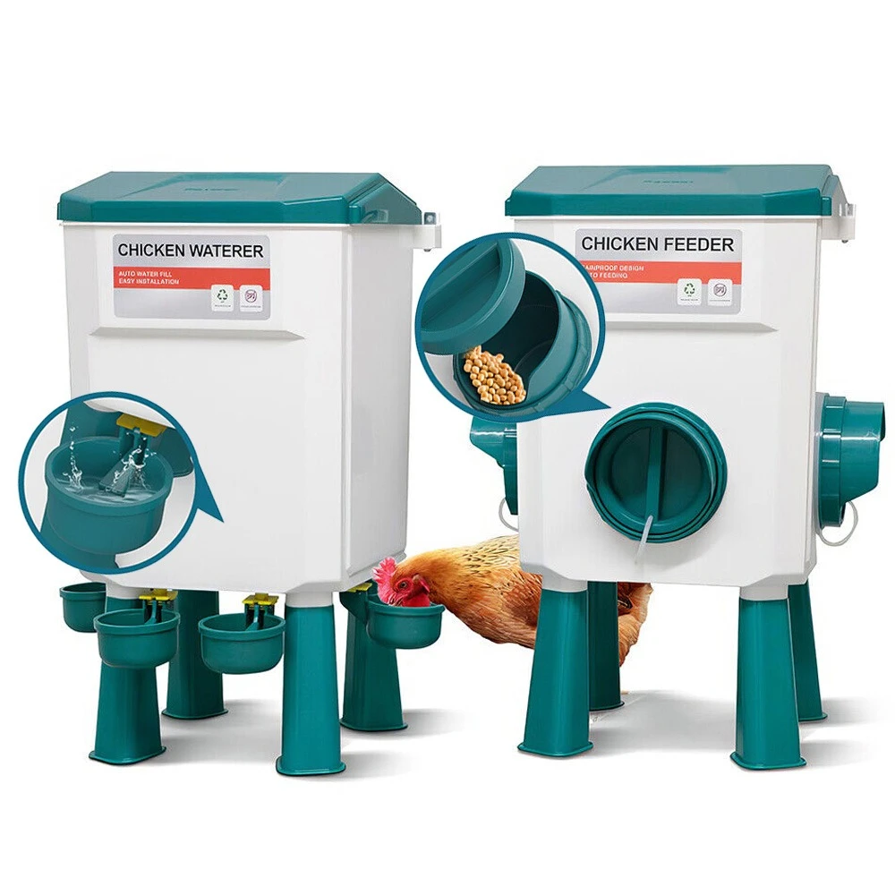 Sistema automatico di alimentazione e abbeveraggio per polli, sistema elevato per alimentazione e abbeveraggio del pollame con coperchio impermeabile e piedini di supporto, grande distributore a