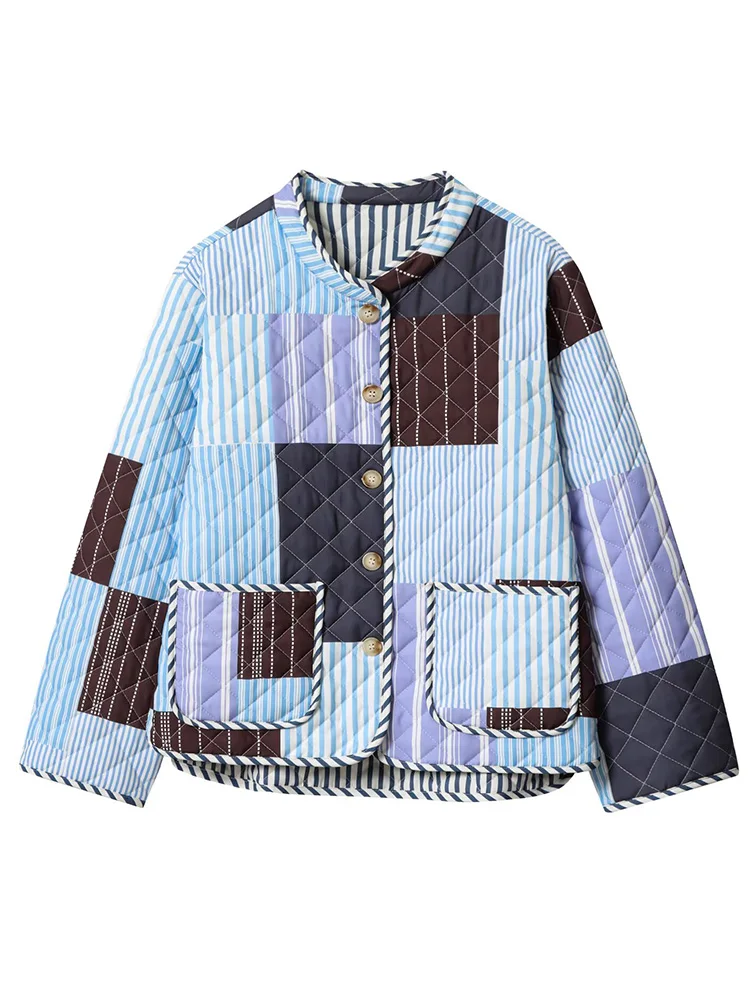 

European style new women's fashion versatile temperament printed single-breasted double-sided quilted cotton jacket