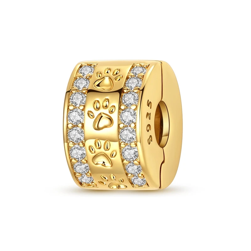 

Original 925 Sterling Silver Charms Bead CZ Zircon Golden Paw Stopper Clips Dangle Women Lover DIY Jewelry Gifts