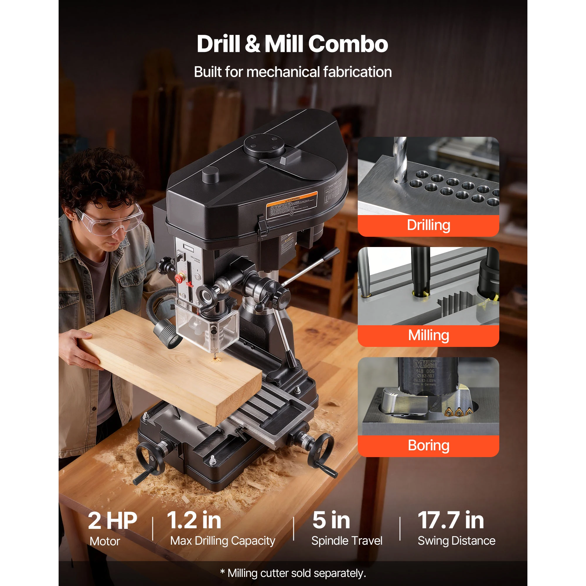 SucceBuy 15.875-Inch Mill Drill Machine 2 HP 150-2560 RPM Adjustable Speed with Rotating Vise Laser for Woodworking Light Metal