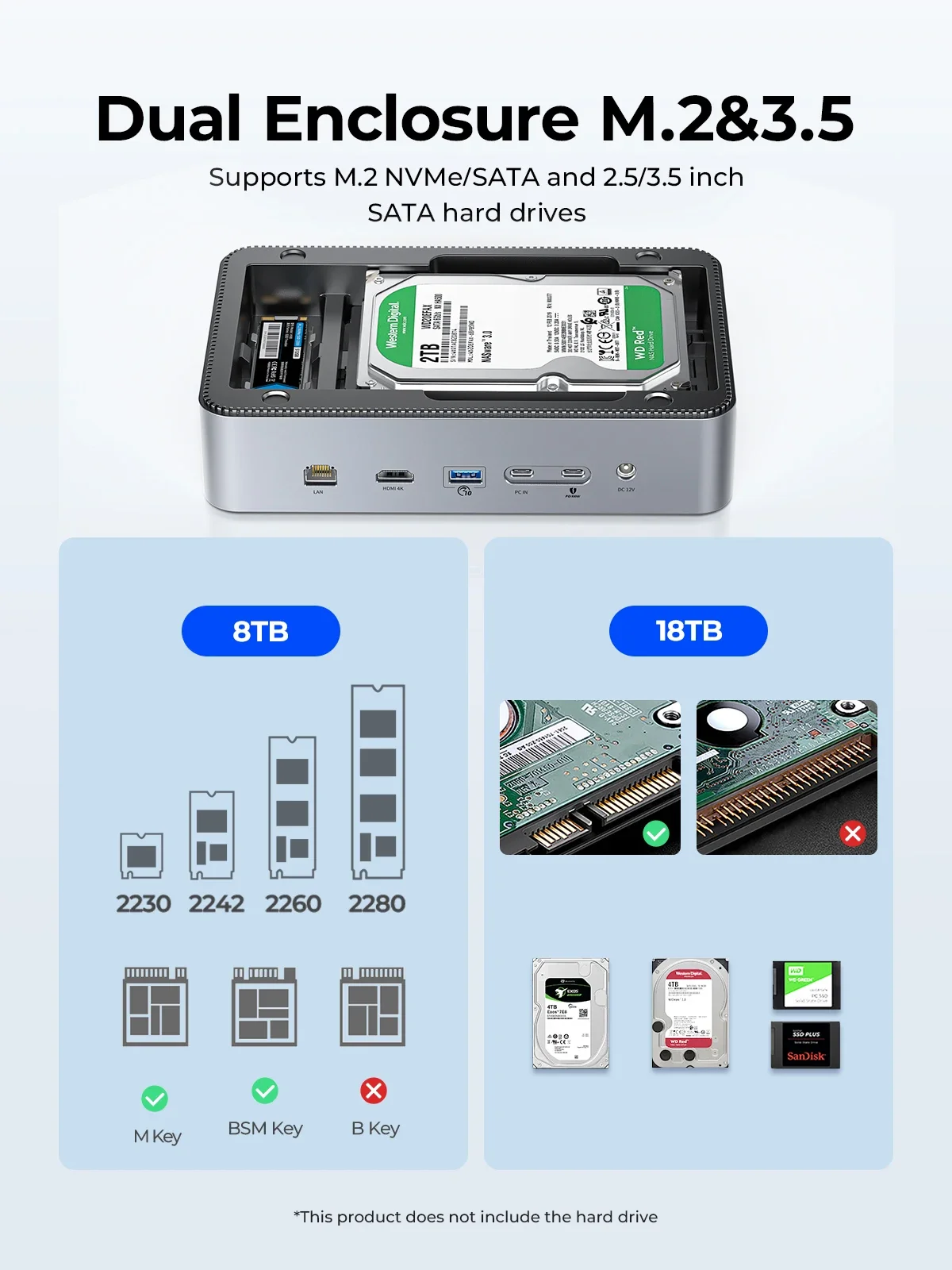 ORICO 2.5/3.5 Inch HDD Docking Station with M.2 SATA NVMe SSD Enclosure USB C 10Gbps PD 100W RJ45 SD/TF 4K 10 in 1 Dock Station