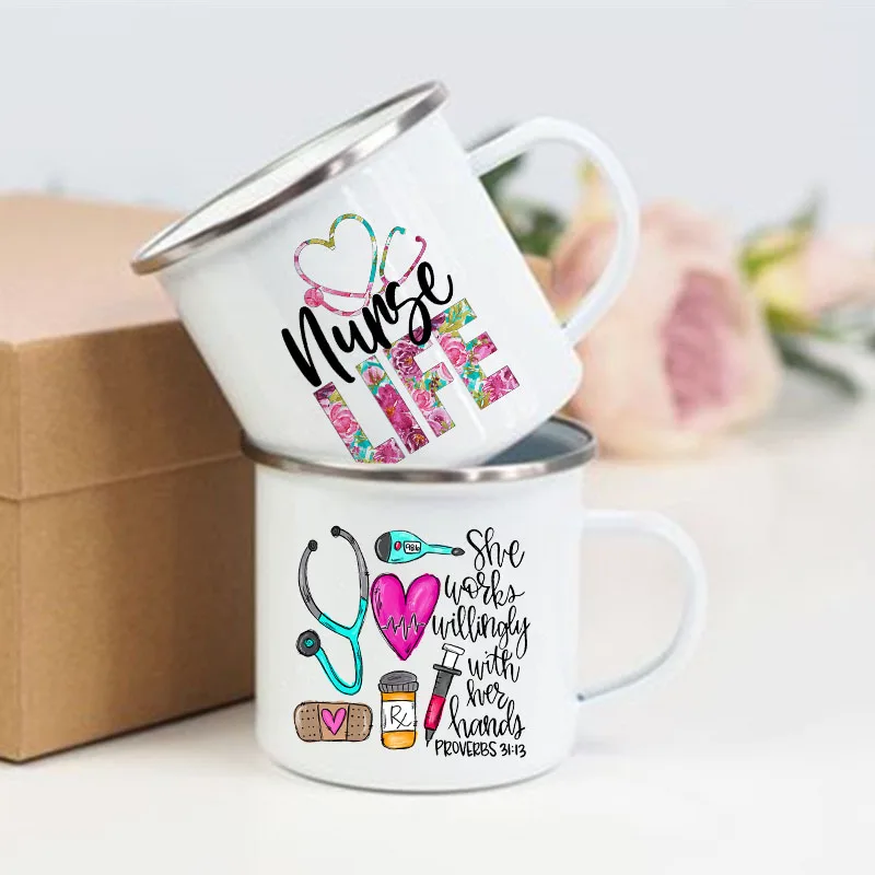 Nurse Life Print Mugs Enamel Mugs Creative Coffee Cups Drinks Dessert Breakfast Milk Cup Handle Drinkware Best Gifts for Nurse