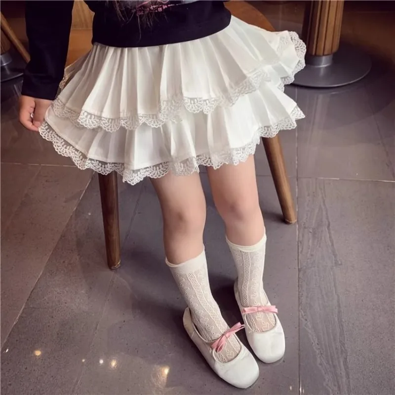 

2025 Autumn New Girl's Lace Trimmed Tiered Skirt Elegant Slimming Versatile Children's Dress Mini Cake Skirt for Kids