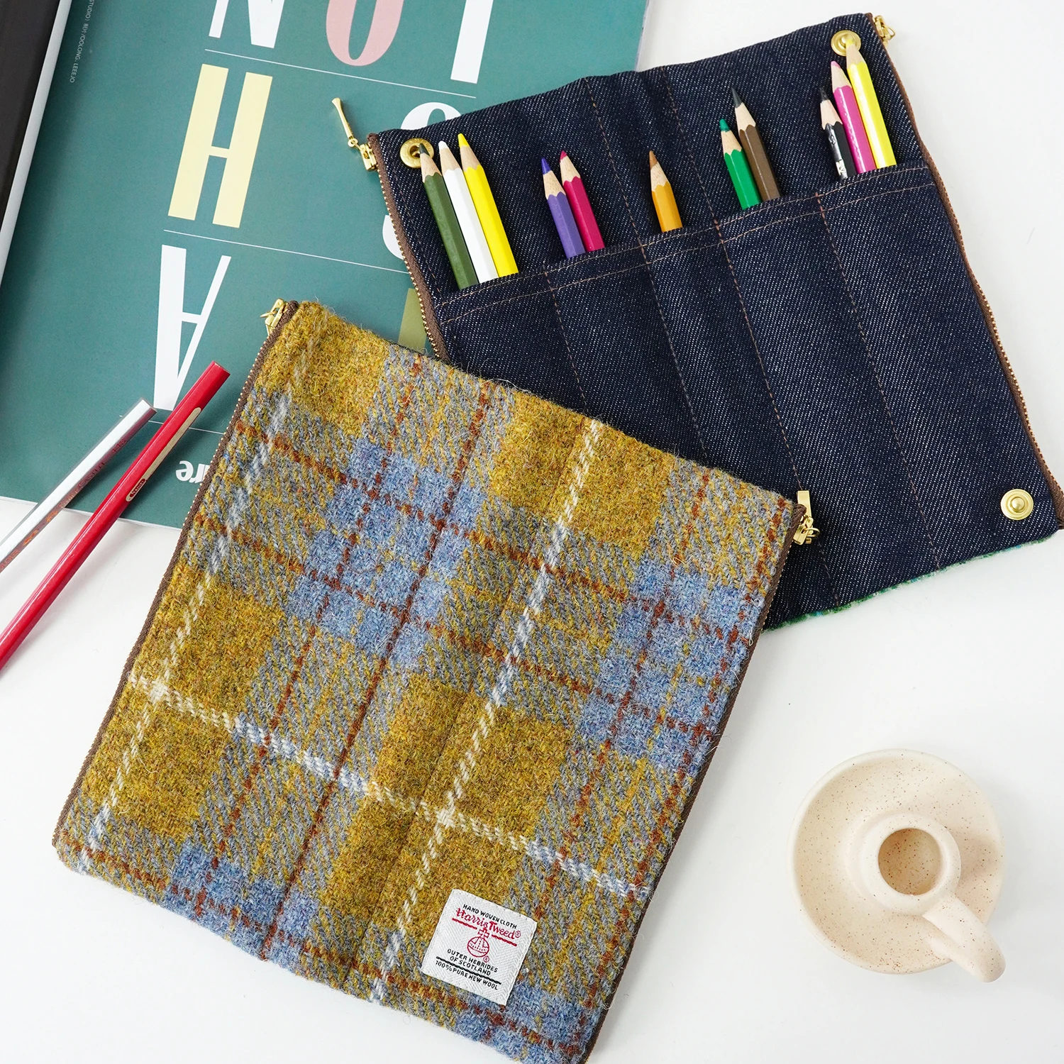 

Double Zipper Harris Tweed Multifunctional Pencil Case Stationery Wallet Storage Bag Retro Artistic Sle ex Winter Colle...