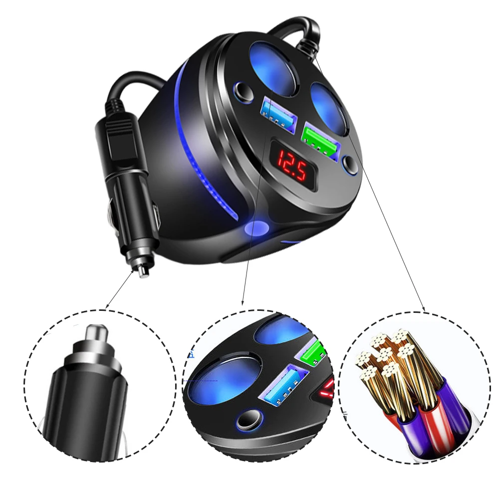 Car Charger  ABS One-to-two Cigarette Lighter  120W High Power Car Charger Cup Quick Charge Dual USB Phone Charger