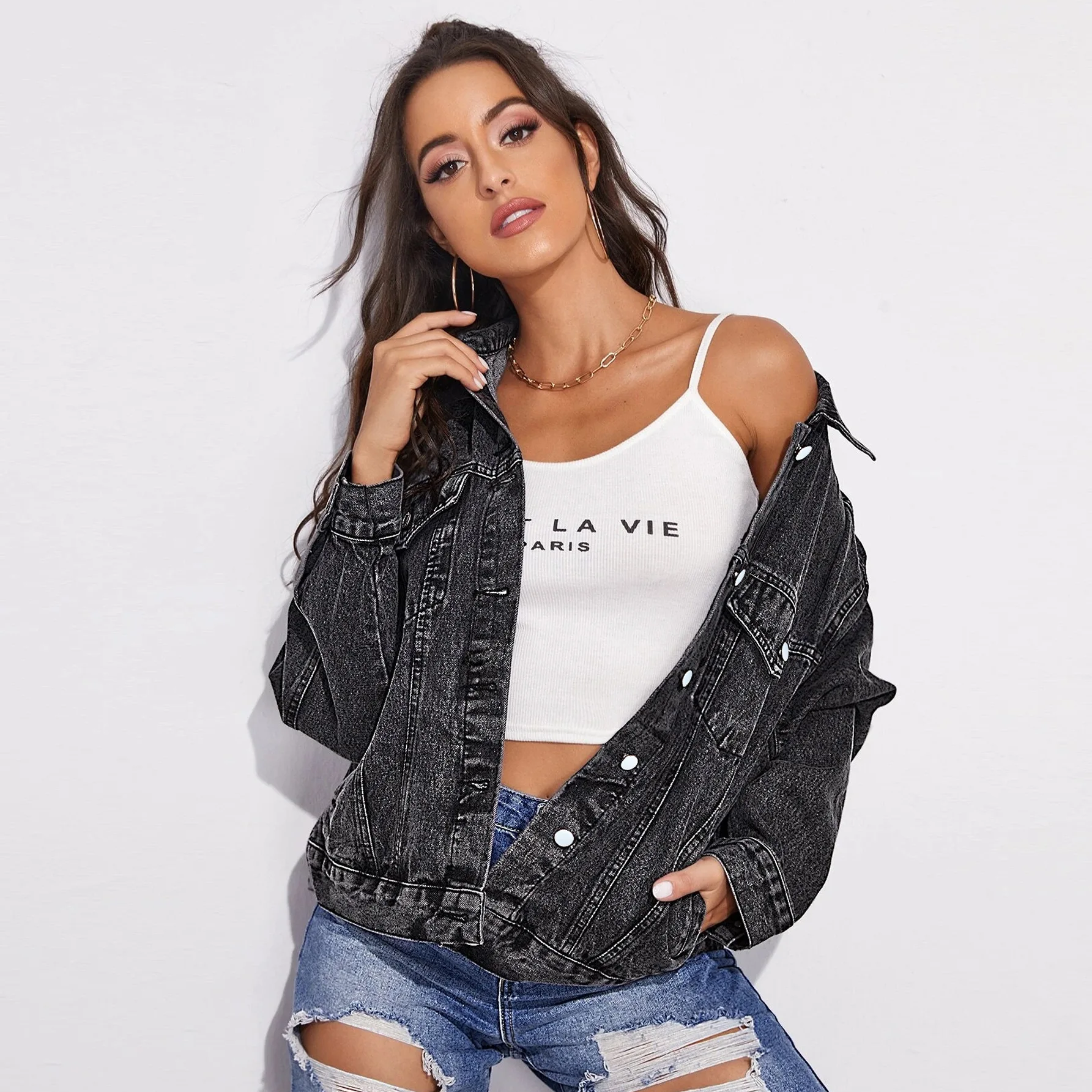 

Black Jeans Jackets for Women Vintage Long Sleeve Turn Down Collar Coats Spring autumn 2023 New Korean Casual Jacket