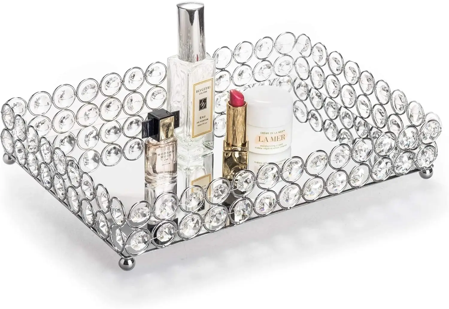 

Crystal Vanity Tray for Makeup Jewelry Organizer, Silver Rectangular 12x8 Inch Home Decor Gift
