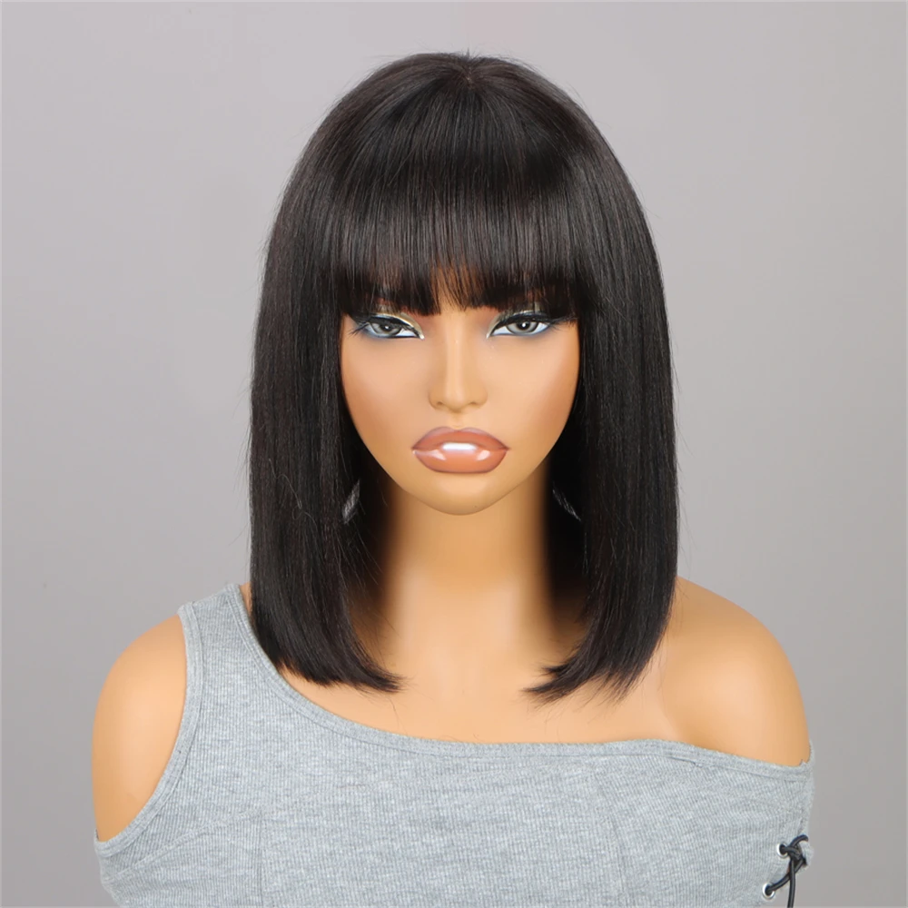 Yaki Straight Bob Wig with Bangs Human Hair 180% Density 10 inch Natural Black Short Bob Wigs Human Hair With Bangs Glueless