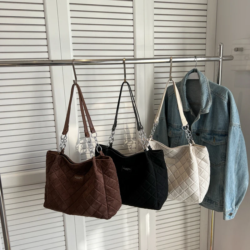 Bolsa feminina de grande capacidade com linha de losango, bolsa de ombro com corrente de cor sólida, designer de bolsas e bolsas de luxo, pele giratória