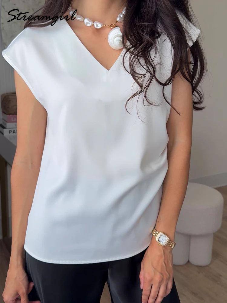 Streamgirl Women Summer Satin Blouse Sleeveless V Neck White Tops Solid Slim Thin Luxury Red Sleeveless Blouse Satin For Women