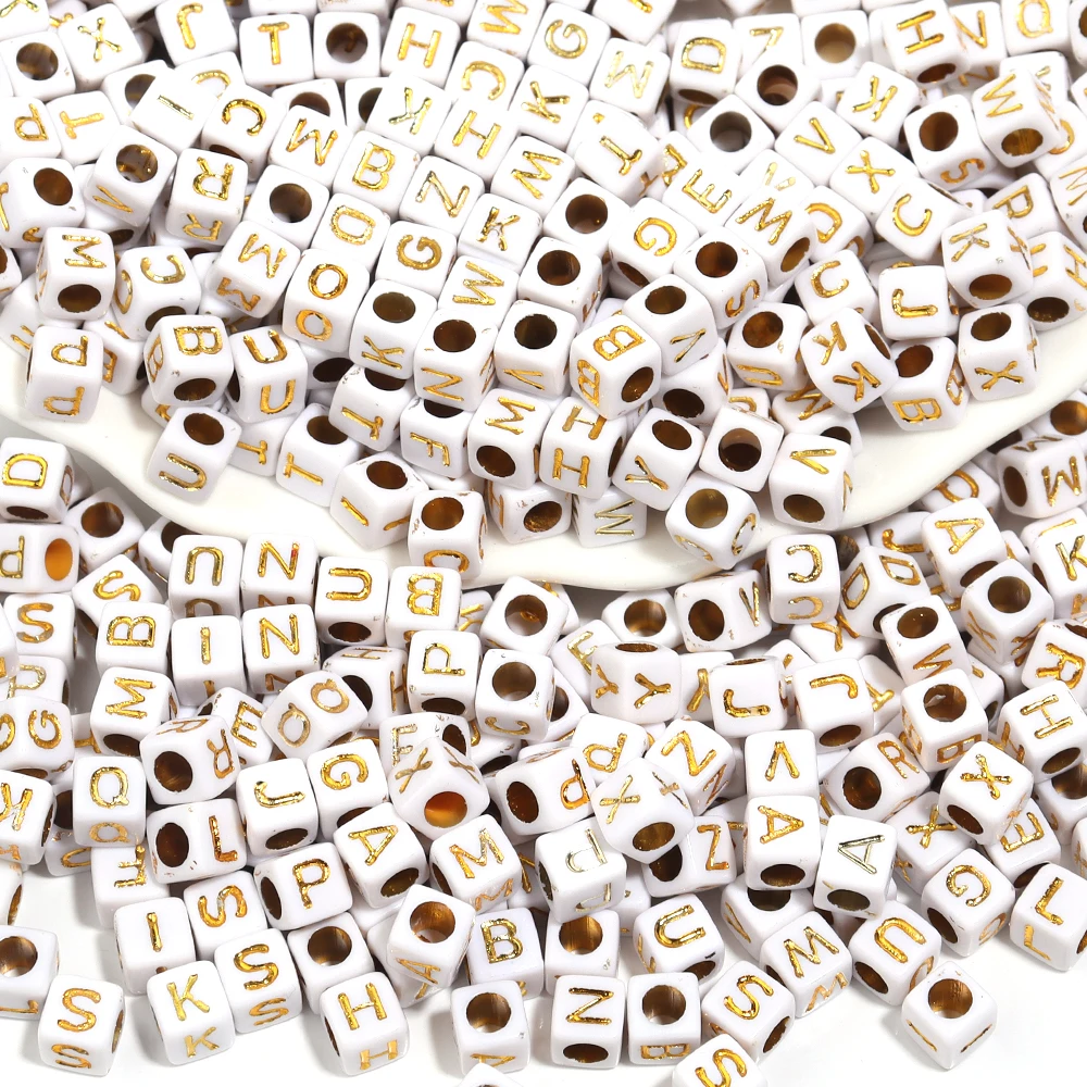 100 Stück A-Z Acryl-Buchstaben-Quadratperlen, goldfarben, 6 mm, großes Loch, lose Perlen für DIY-Armband, Halskette, Schmuck, Perlenzubehör