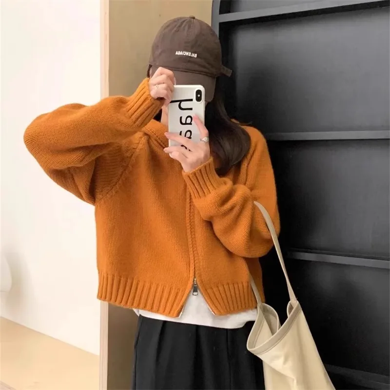 

Hooded Knitted Cardigan Coat Women's Spring Autumn Clothes Korean Loose Sweater Short Sweater Double Zipper Jacket Female Tops