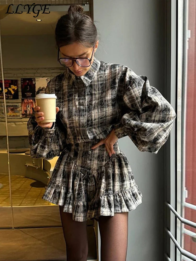 

Vintage Plaid Shirts Mini Skirt Sets Women Lapel Lantern Sleeve Blouses Short Ruffles High Waist Skirts 2025 Spring Lady Outfits