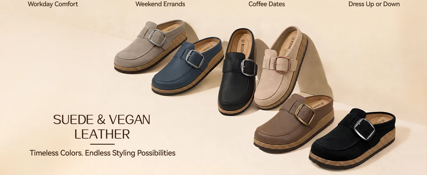 Shevalues Vegane Leder-Damen-Clogs, rutschfeste Hausschuhe im Loafer-Design, Slides mit Korkfußbett und Fußgewölbestütze – Detail 6