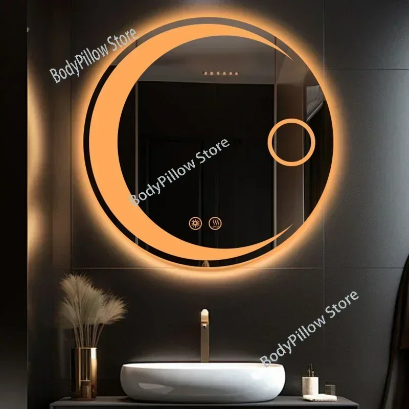 

Modern Round Bath Mirrors Smart Hotel Bedroom Defogging Decorative 3 Color Adjustable Backlight with LED Bathroom Mirror