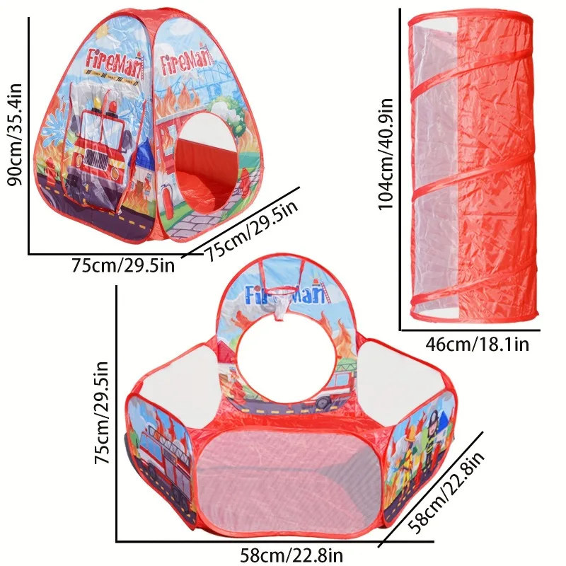 สามชิ้นชุดเด็ก Fire เต็นท์ในร่มบาสเกตบอลสระว่ายน้ําสําหรับชายและหญิง Crawling อุโมงค์เต็นท์บ้านเกมบ้านของเล่นเด็ก