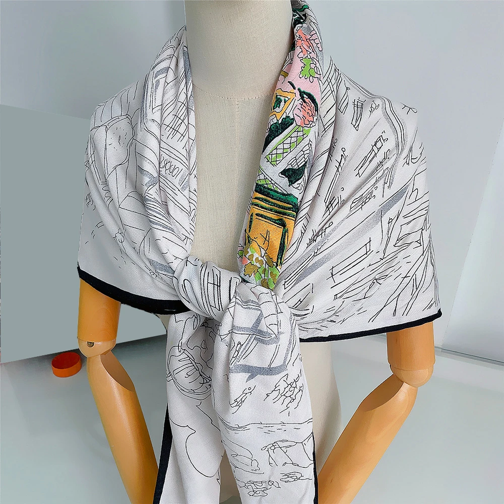 Silk Cashmere Scarf Women Hand Rolled Shawl Night City Print Square Scarves Wraps Bandana Big Hijabs Female Foulard 130CM