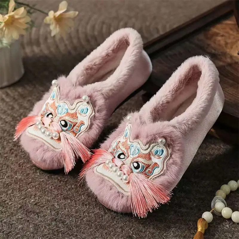 Women's Chinese Tradition Tiger Toe Embroidered Cotton Shoes Winter Soft Sole Shallow Slip On Plush Warm Flat Sole Hanfu Shoe